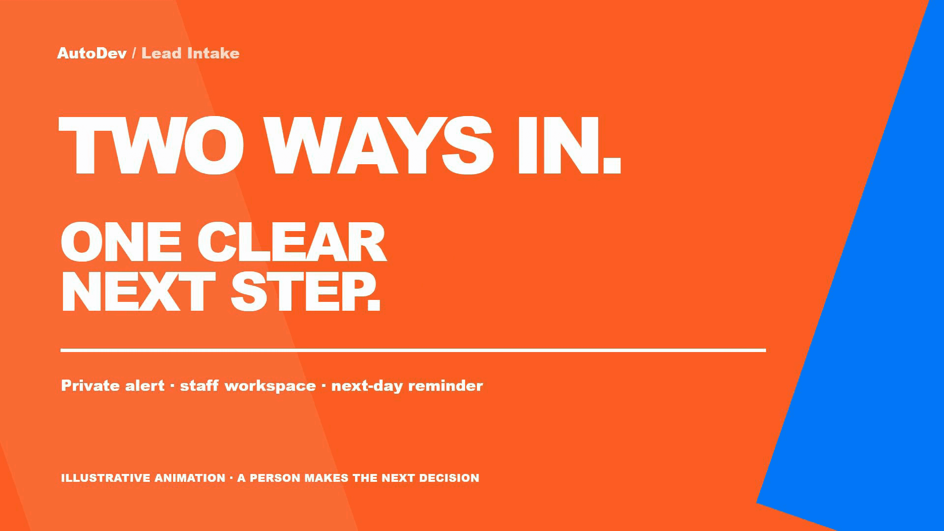 AutoDev animated overview poster with the message “Two ways in. One clear next step.”