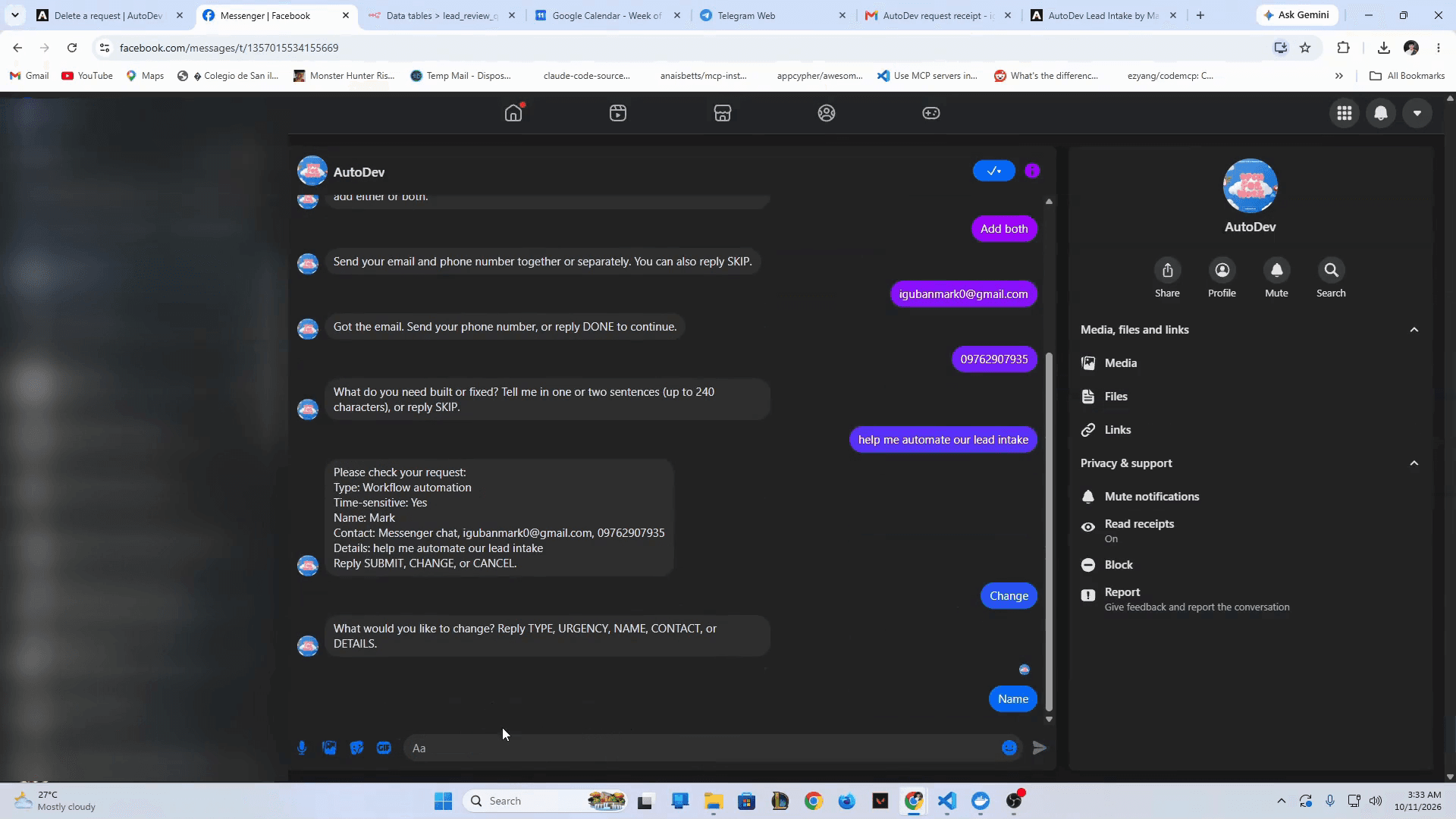 AutoDev Messenger chat from an app-role test account.