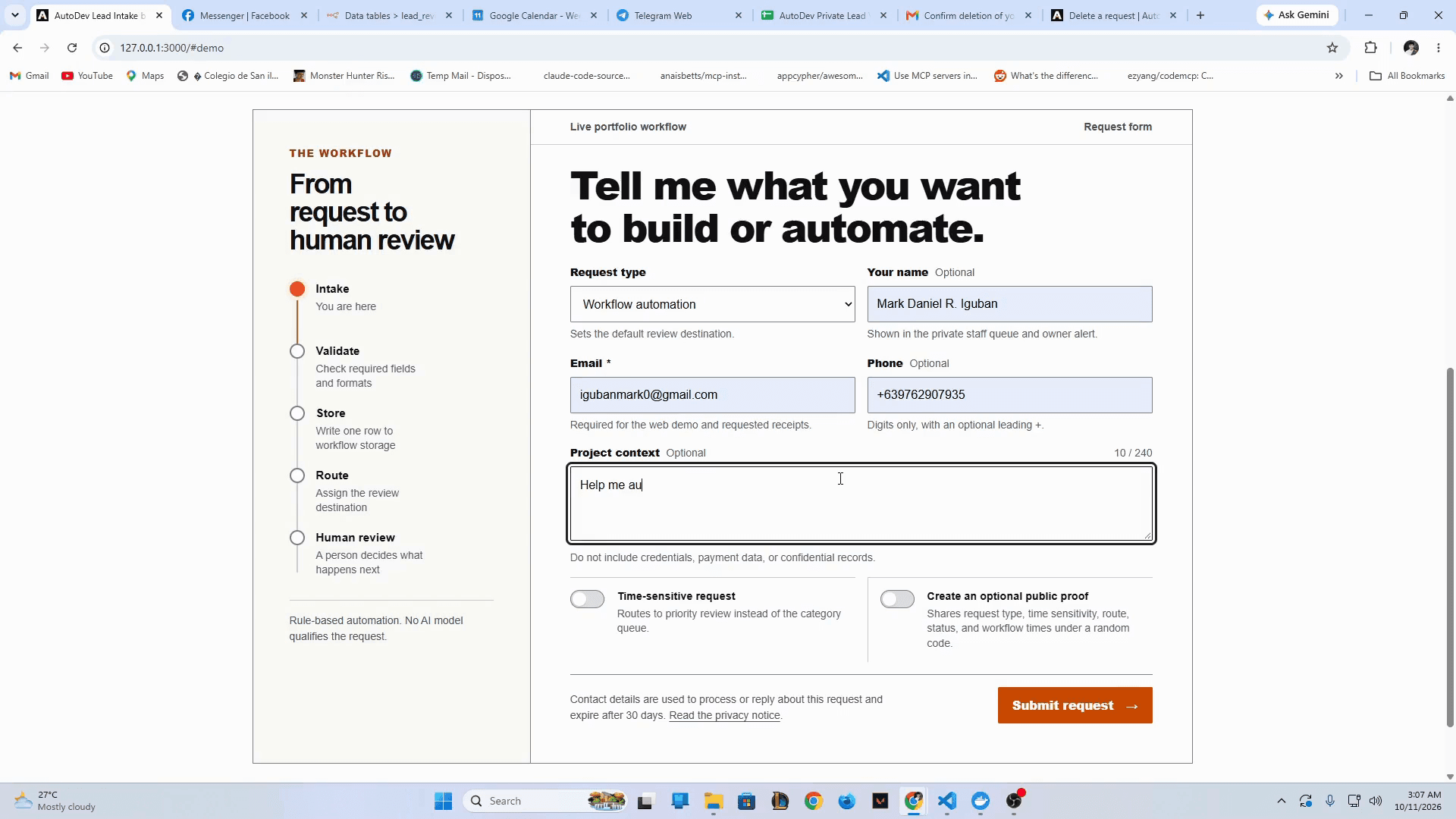 Web intake form from a controlled local AutoDev run.